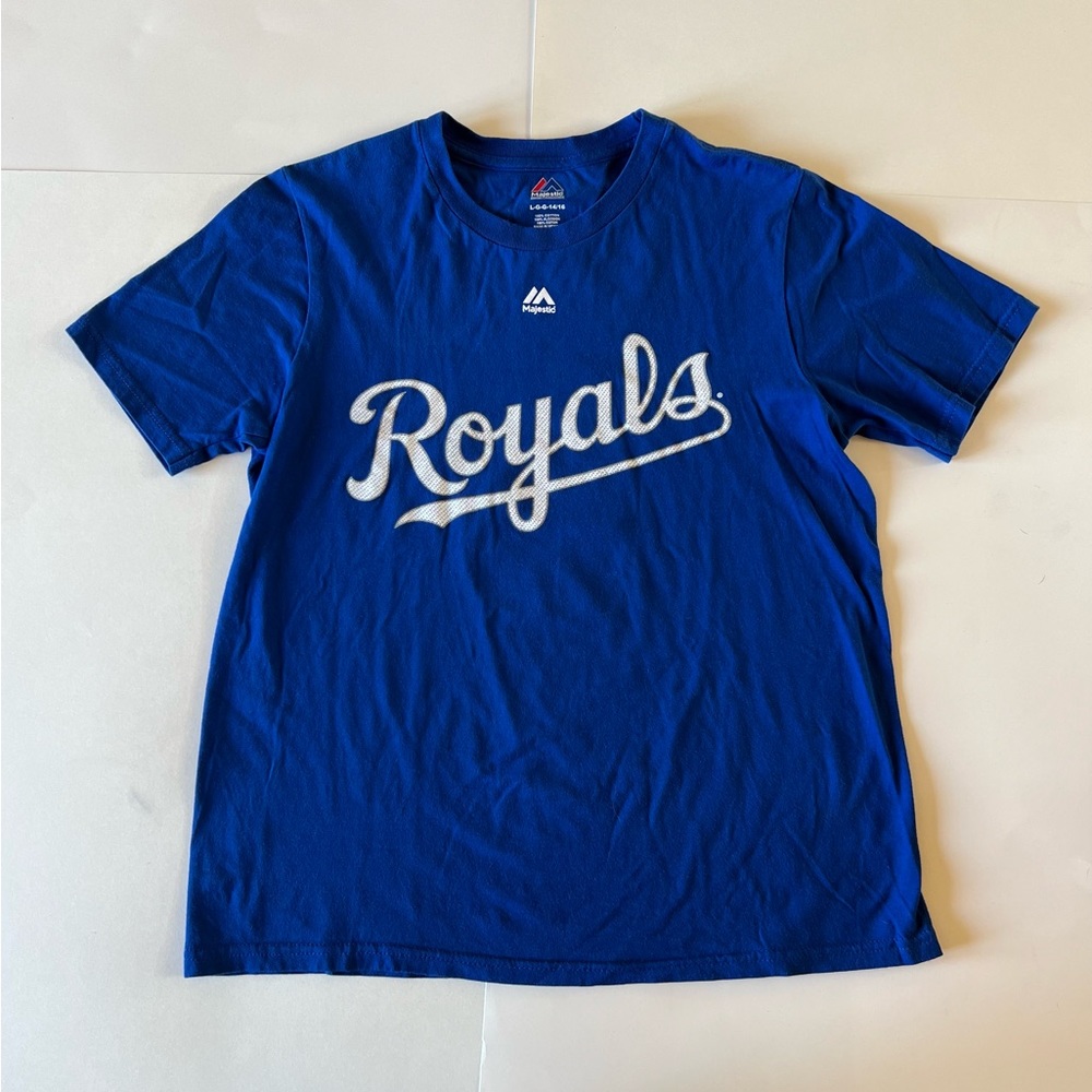 Majestic Kansas City Royals Baseball Large 14/16 Blue Cain Shirt Top Tee